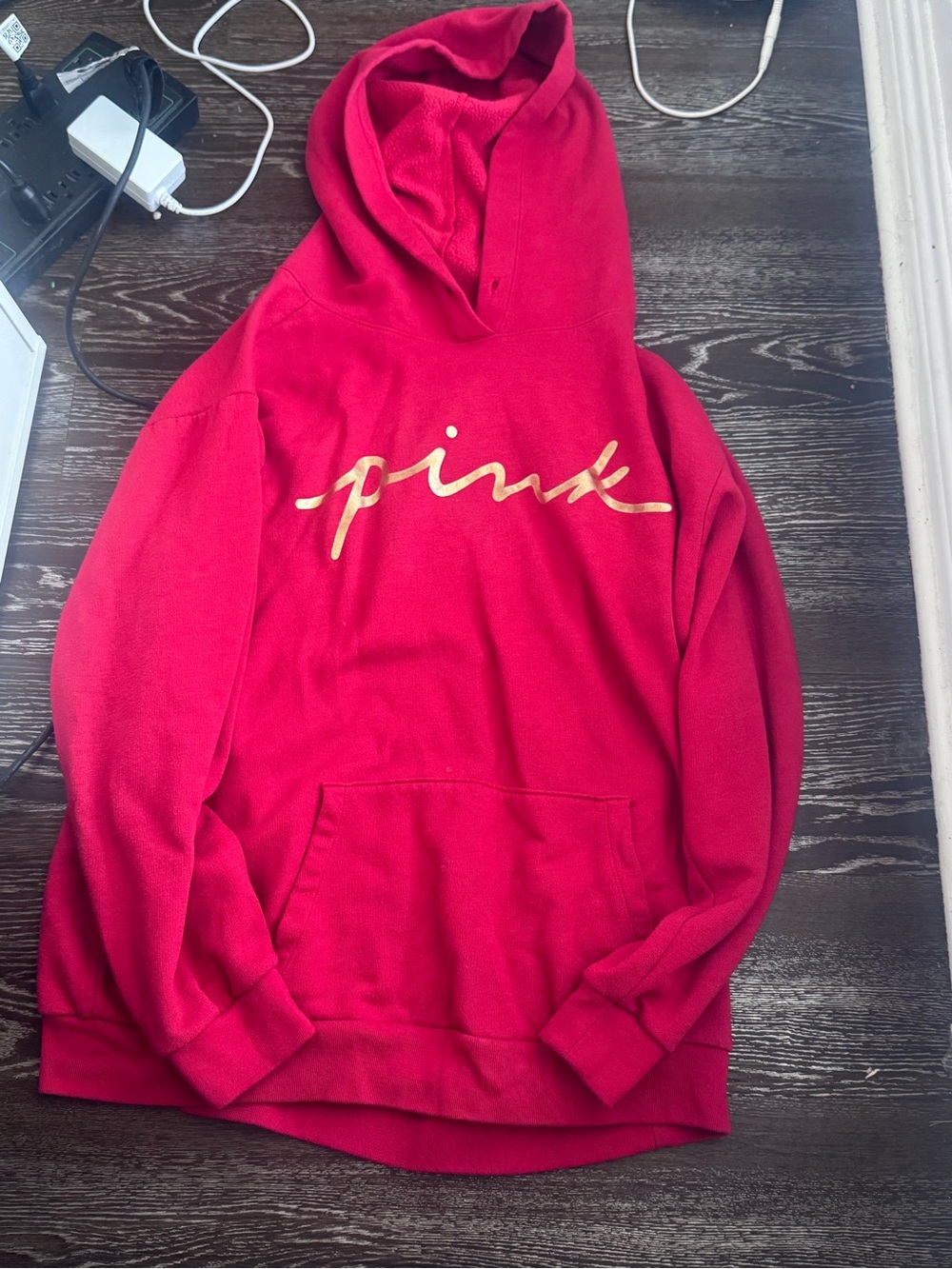 PINK Victoria's Secret Red Crewneck Hoodie with Gold Script